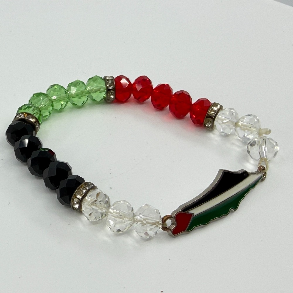Handcrafted Palestinian Flag Charm Bracelet Multi-Color Crystal Beaded Stretch